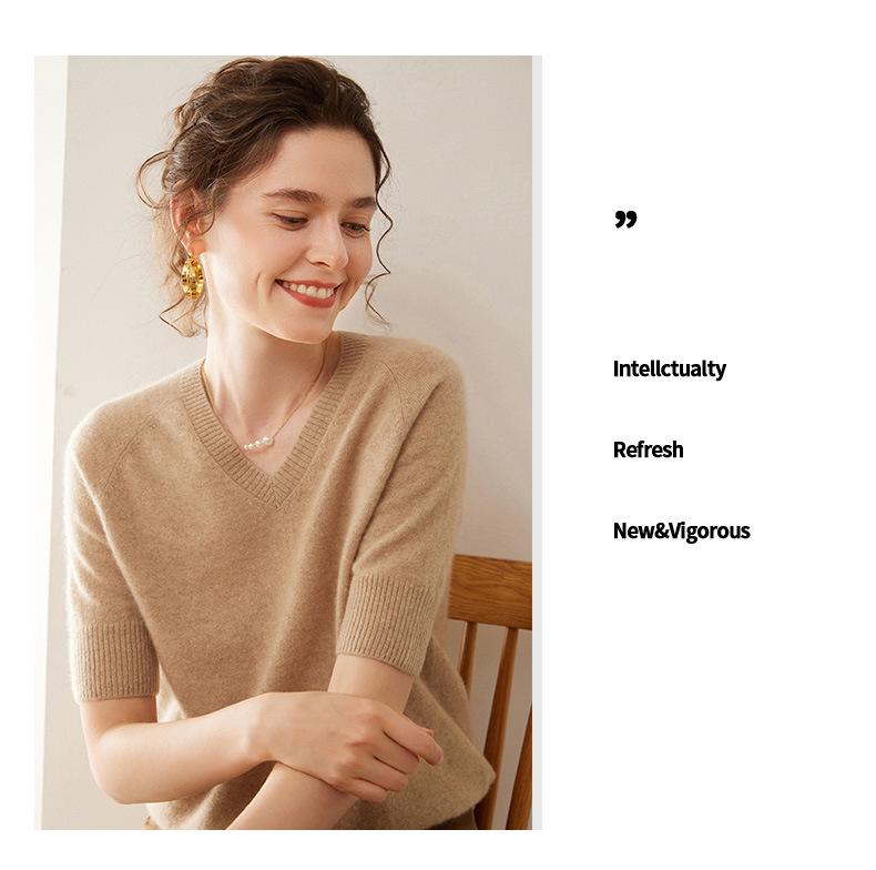 Women's V-Neck Cashmere Knit Five-Sleeve Sweater - Soft, Slim Fit for Spring/Autumn