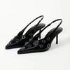 Fashion Sexy Black Pointed Toe Pumps Women Fashion Hollow Metal Decoration Brand Designer Shoes Elegant Thin Heel Slingback Dress Shoes