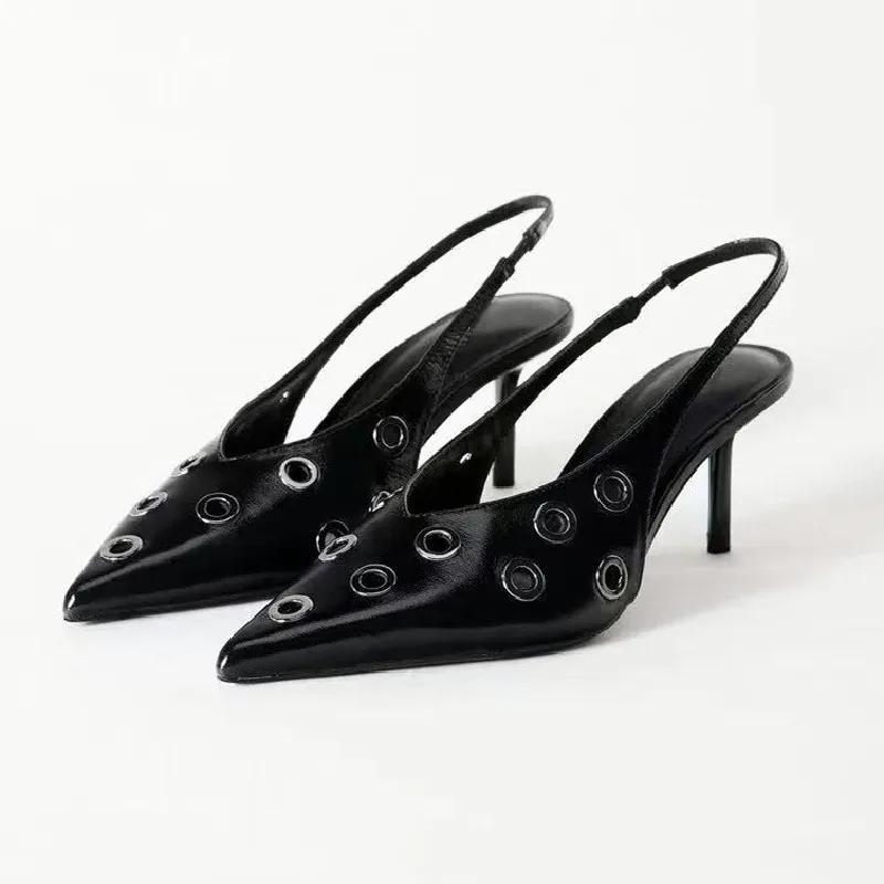 Fashion Sexy Black Pointed Toe Pumps Women Fashion Hollow Metal Decoration Brand Designer Shoes Elegant Thin Heel Slingback Dress Shoes