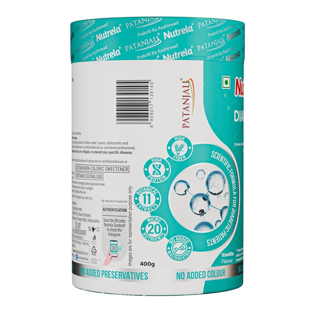 Nutrela Diabetic Protein Powder For Adults 400 gm | Low GI, Herbal Blend, Balanced Nutrition, Vanilla Flavour, Pack of 1