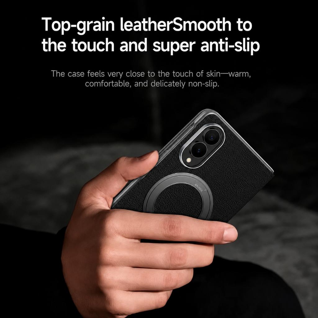 For Samsung Galaxy Z Fold 8 / Fold 8 Ultra Luxury Genuine Leather Magnetic Case Metal Ring Holder Stand Window View Flip Cover