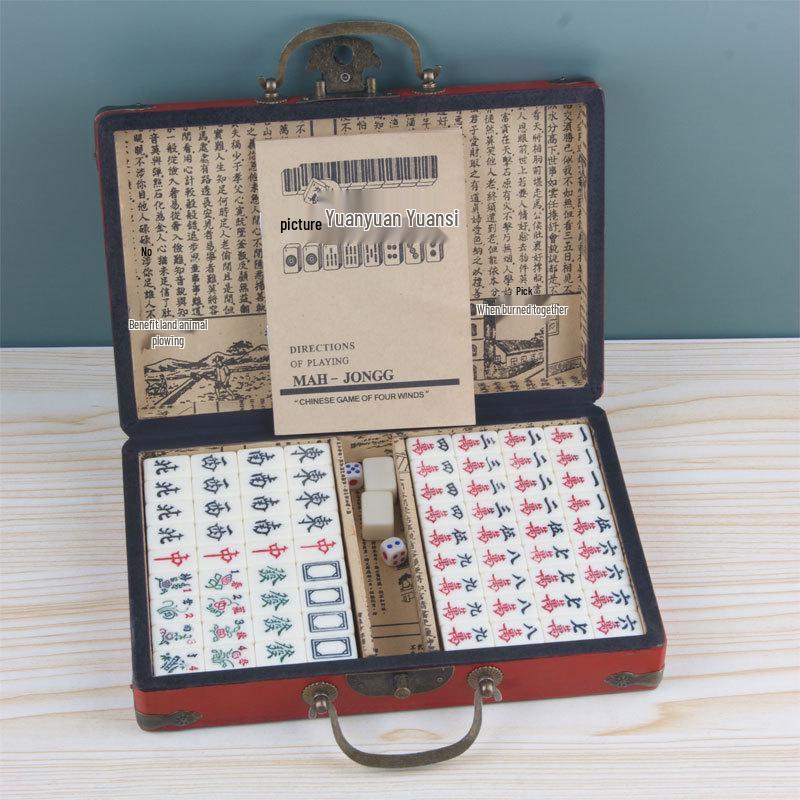 Antikes englisches Reisespiel-Mahjong-Set mit Lederbox & Anleitung - Melamin-Schlafsaalspiel