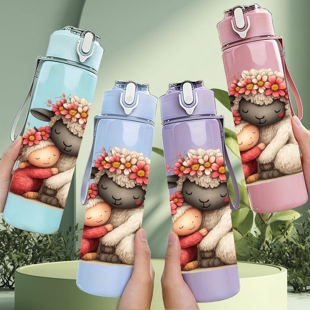 1PC Flower Crown Sheep Cartoon 750ml Color Plastic Sports Water Bottle Leakproof Flip Straw Suitable for Sports Office Home Use