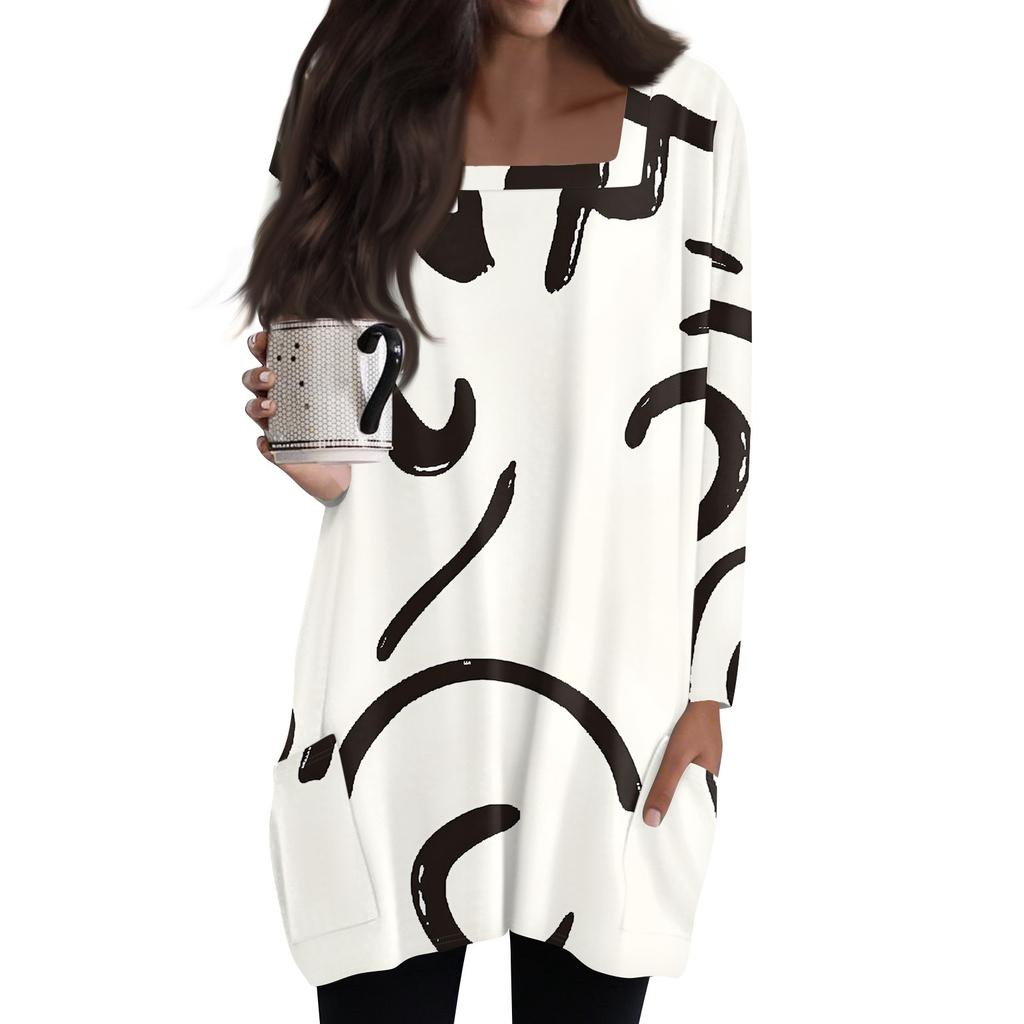 Womens Tops Square Collar Long Sleeve Blouses Casual Mid-length Shirts Fashion Print Tunic Tops With Pockets