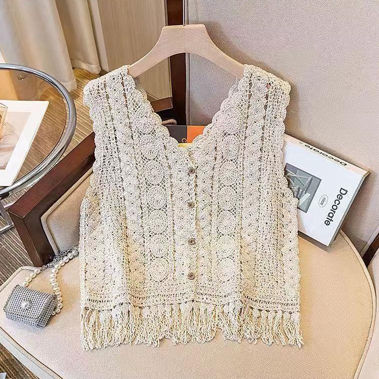 French Niche Design Hollowed-out Crocheted Knitted Waistcoat Vest for Women To Wear Outside In Summer Loose Tassel Sleeveless Spicy Girl Top