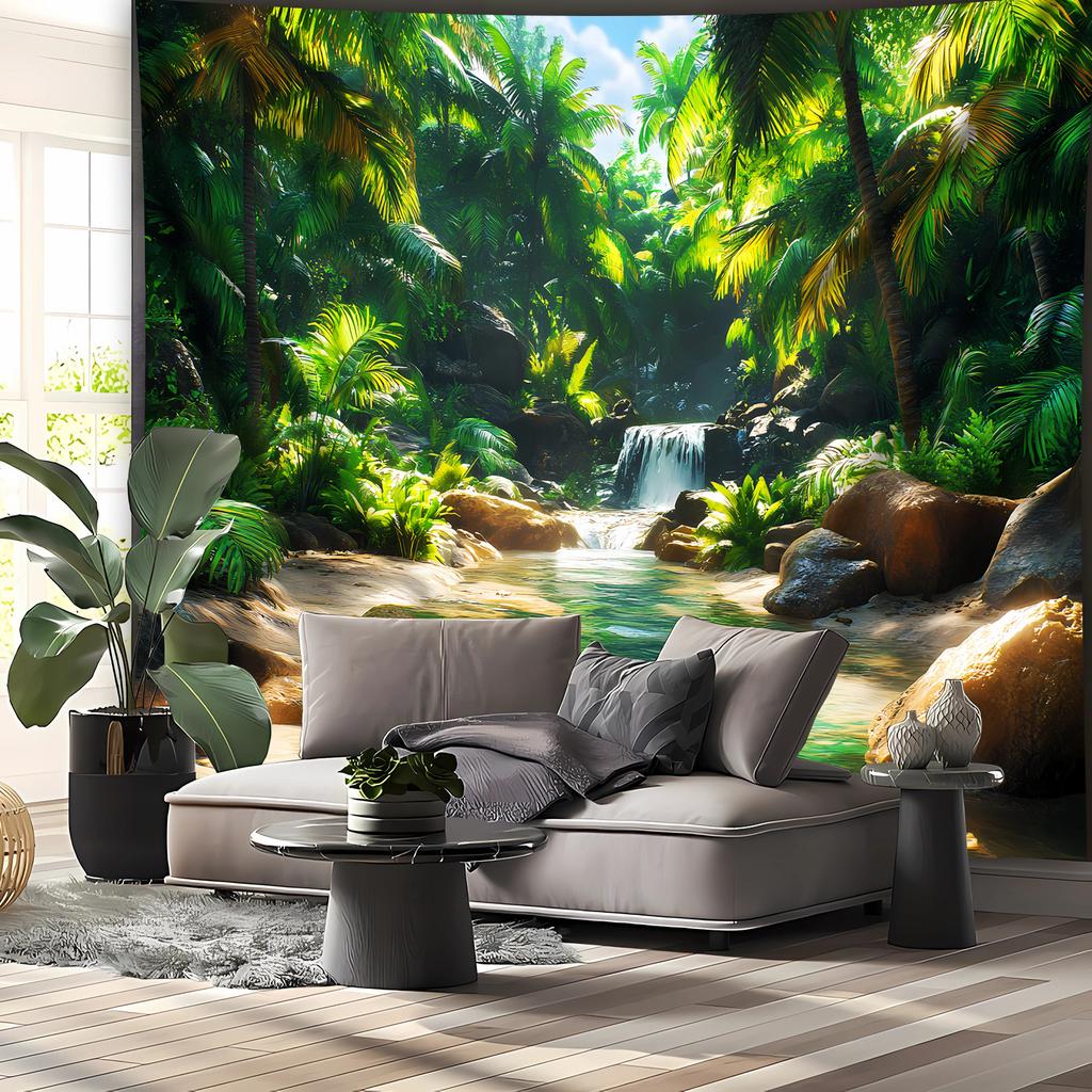 Tropical Rainforest Tapestry Wall Hanging, Waterfall And Stream In Jungle Landscape, Nature Home Decor For Living Room Bedroom