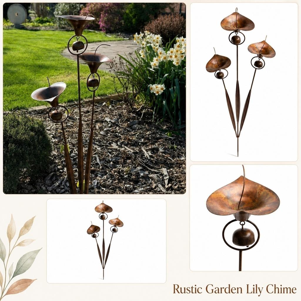 Metall-Gartenstecker mit drei Calla-Lilienblüten und hängenden Glöckchen Outdoor-Hofdekoration Rostbeständig Langlebiges Design