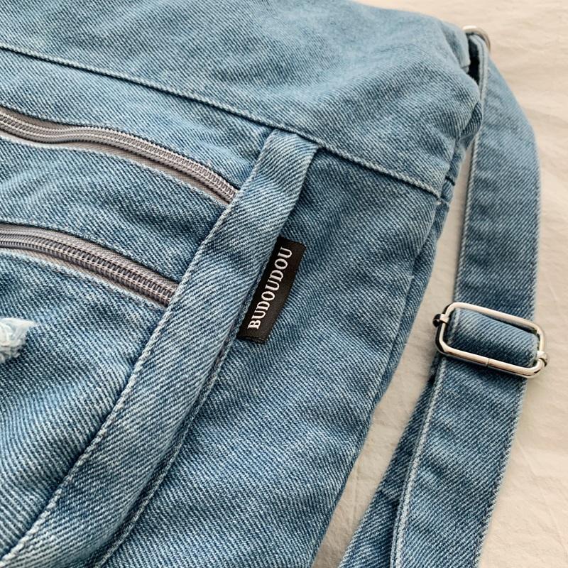 Vintage Denim Tote Bag Multi-Pocket Commuter Shoulder Crossbody Bag