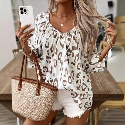 Camicia Ruched a Scollo a V Profondo con Stampa Leopardo Kaki - Moda Donna Primavera/Estate, Manica a Tre Quarti 2024