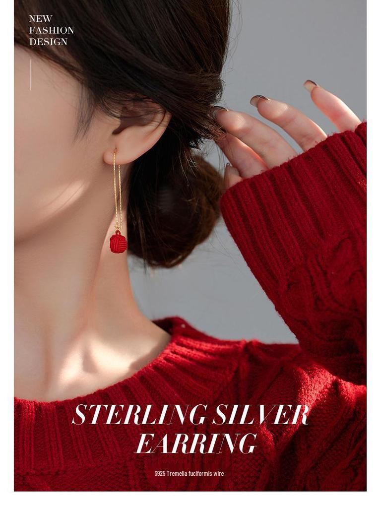 Banyan Tree S925 Silver Heart Knot Festive Long Red New Year Earrings for Women