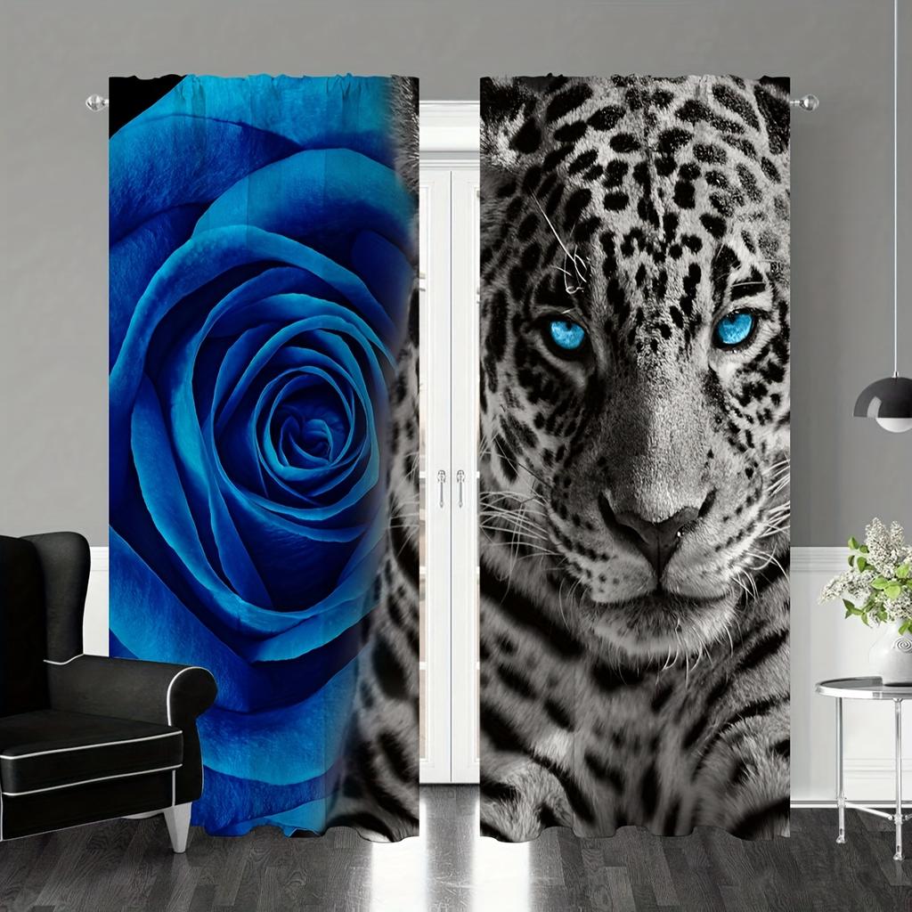 2 Stück Vorhänge mit Leopardenmuster Tiger Löwe bedruckte Vorhänge Stangentaschen Einfache Installation Vorhänge für Küche Wohnzimmer Schlafzimmer