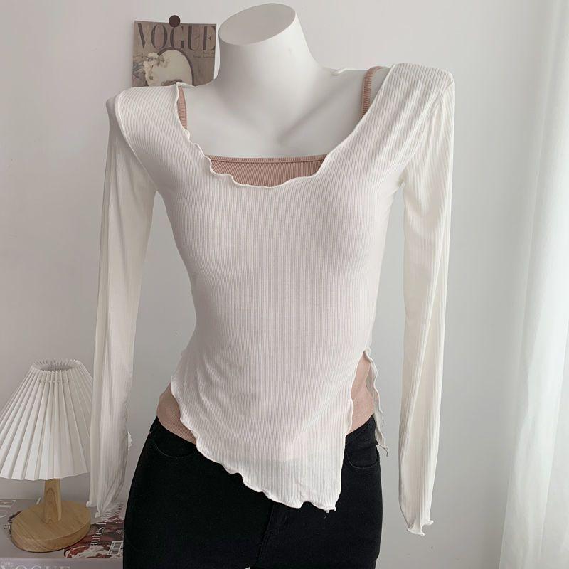 Unregelmäßiger Saum Schlitz Rosa Einzigartiges Langarm Figurbetontes T-Shirt Basisschicht Sonnenschutz Oberteil