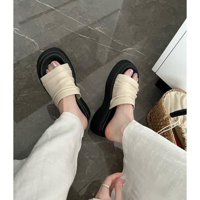 Thick-soled Slippers for Women's Summer New Style Bangkok Pleated Casual Vacation Style Flat-soled Slippers One-line Sandals