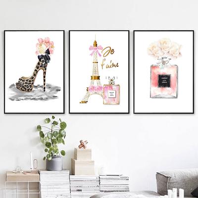 Fashion Poster Eiffel Tower Perfume Art Print Leopard Shoes Canvas Painting ParisTrendy Wall Picture Salon Girls Room Decor