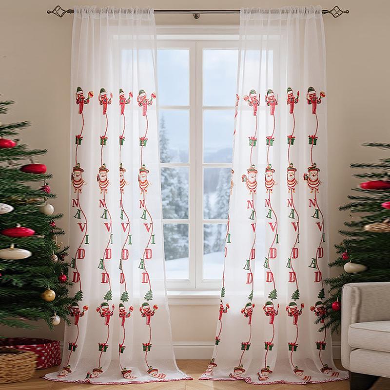 Christmas Santa Claus Embroidered Curtain American Style Festive Atmosphere Decor Sheer Pole Curtain for Living Room Bedroom