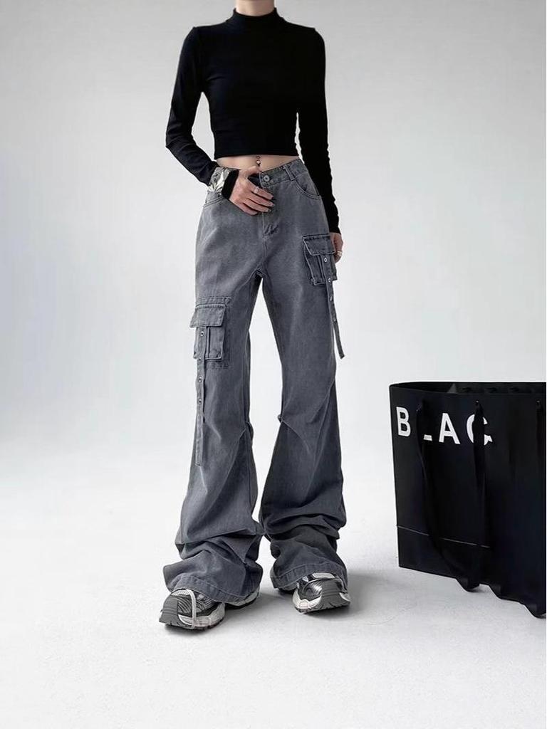 Women's Multi-Pocket High Waist Workwear Jeans - Autumn Loose Slimming Straight Leg, Versatile Wide-Leg Floor-Length Pants