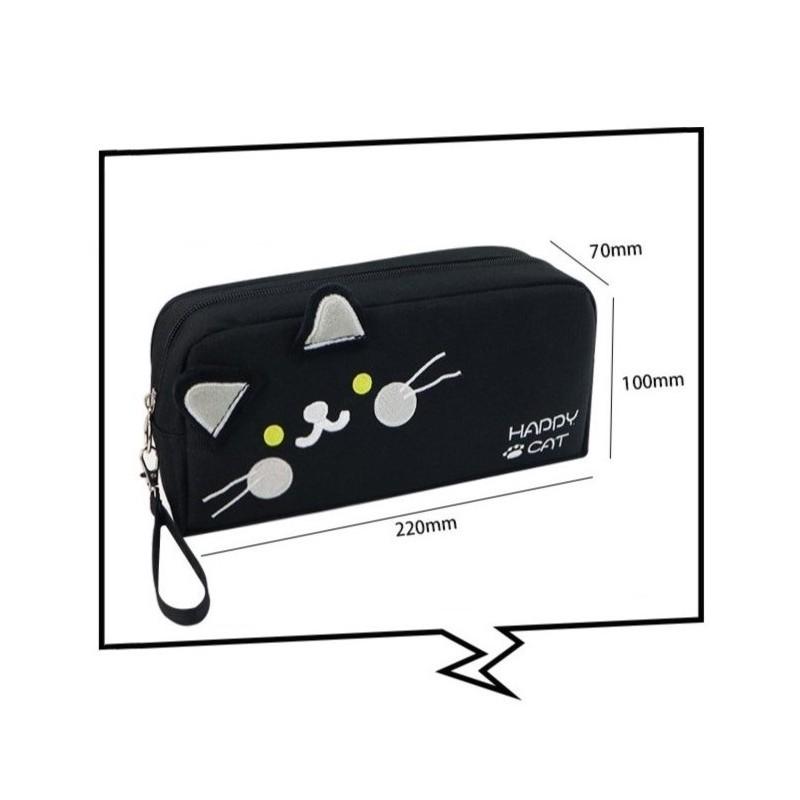 Large Multifunctional Pencil Case with Two Compartments Black Happy Cat for Children