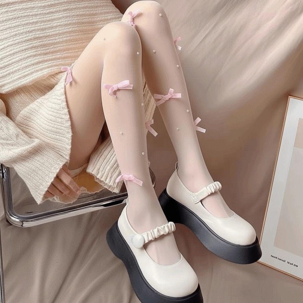 Pearl Embroidery Pearl Stockings Velvet Bow Pantyhose Fashionable Body Stockings Base Layer