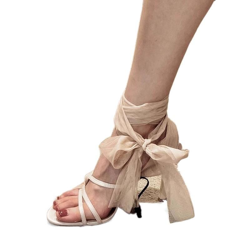 Fairy style elegant tulle cross-strap high heels female 2025 new round head open-toed stiletto Roman sandals