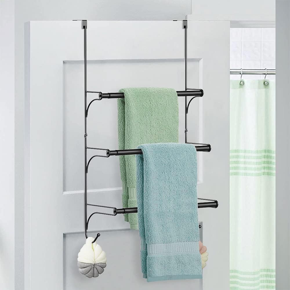 Extendable Towel Hanger, Door Hook, 3 Tiers with 2 Hooks, No-Hole Installation, Space-Saving for Bathroom and Kitchen, Black