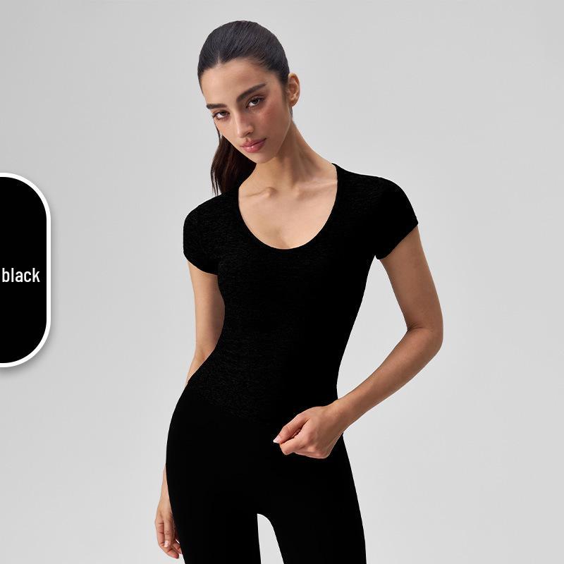Women s Slimming Short Sleeve U-Neck Yoga Top - Bare-Feel Fitness Base Layer Small чёрный