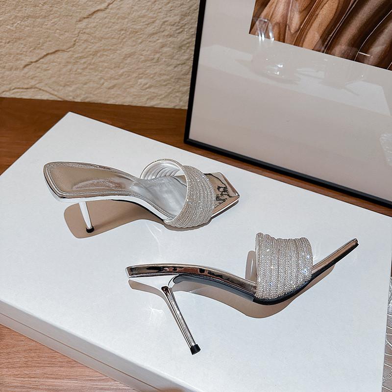 Fashion Bling Bling Luxury Crystal Square Toe Women Slippers Sandals Fashion Narrow Band Stiletto High Heels Mules Slides Modern Shoes