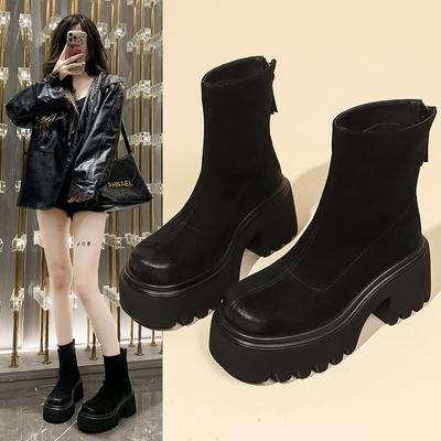 Fashion Boots Women's New 2024 Socks Shoes Square Heel Thick Sole Increased Round Toe High Heels Rubber Autumn Women's Back Zipper Boots