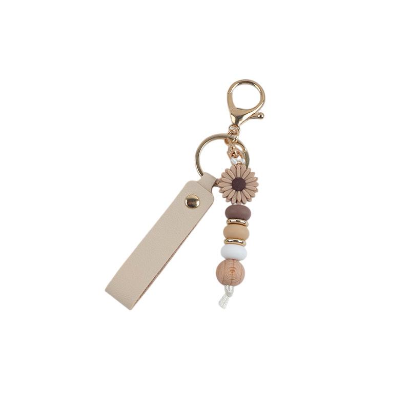 Boho Wood Bead Flower Keychain PU Leather Wrist Strap Metal Key Ring Trendy Bag Pendant for Girls