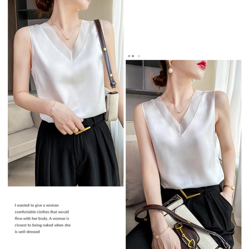 Camisole en soie glacée à col en V et épaules larges pour femme