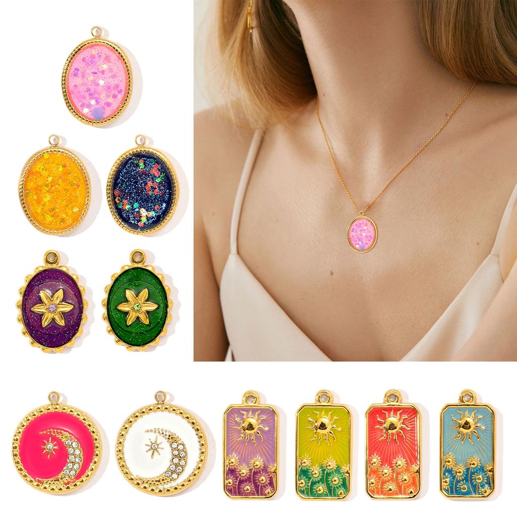 3pcs Elegant Gold Plated Steel Sunflower Necklace Pendant for Women with Enamel Tarot Card and Crescent Star Charm