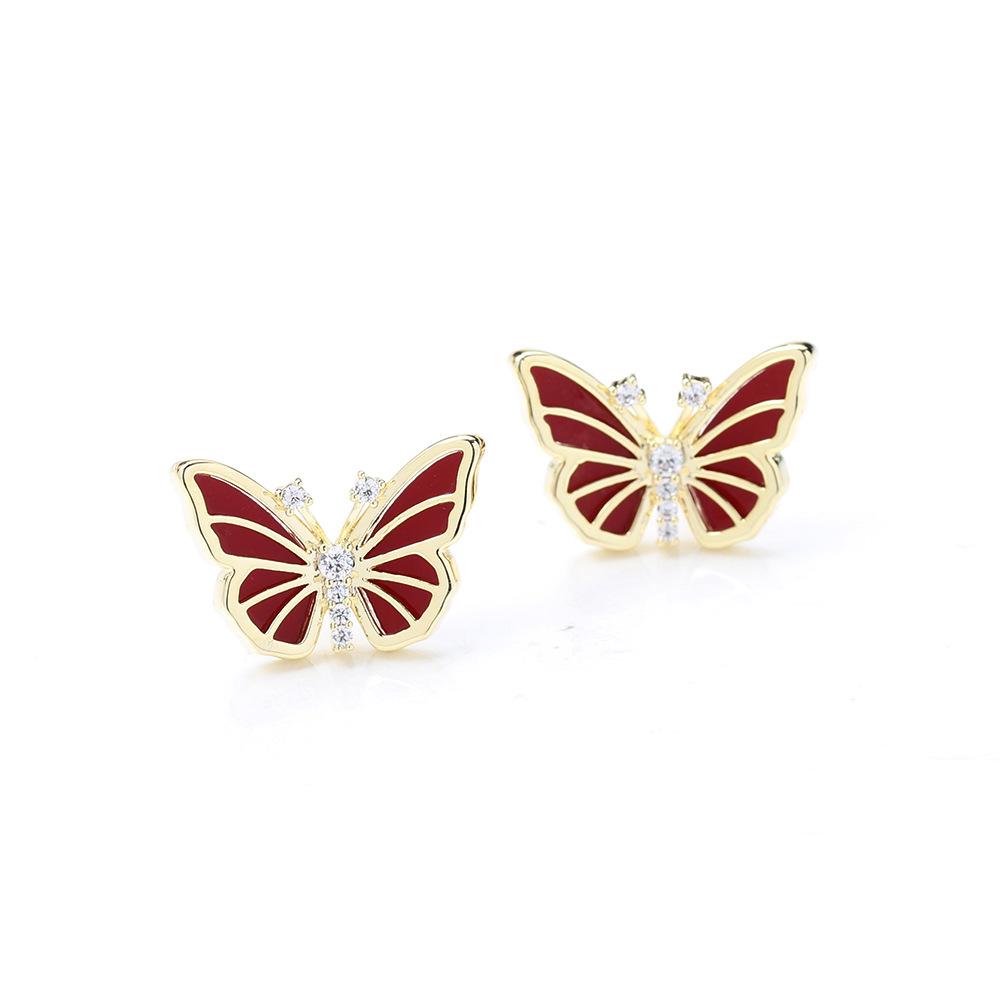 New Year's Red Oil Drip Stone Butterfly Earrings Gold-plated Versatile Insect 925 Silver Needle Stud Earrings Women's Earrings