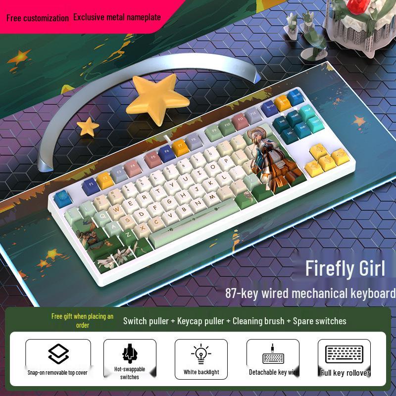 87-Key Cute Mechanical Keyboard, Wired Blue Switch, Personalized PBT for Gaming, Esports, Office, Creative Girls