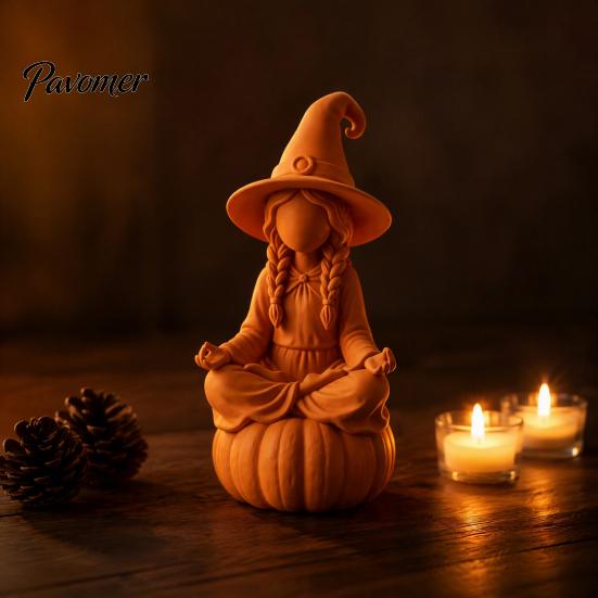 Pumpkin Base Wizard Statue 3D Printed Meditating Witch Figurine on Base, Minimalist Fantasy Home Decor Halloween Autumn Desktop Statue, DIY Paintable