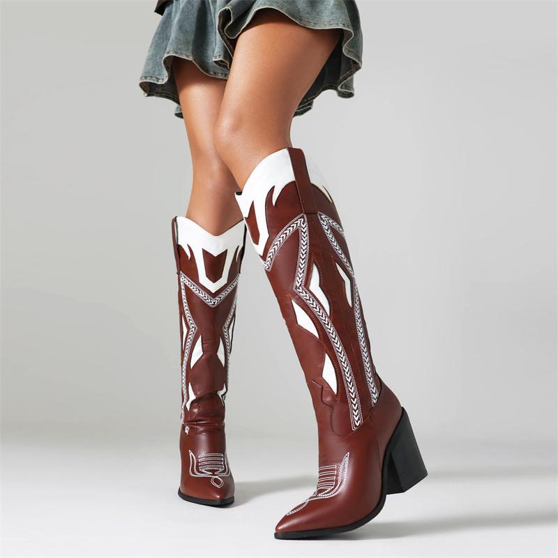 IPPEUM Women Cowboy Boots Western Knee High Block Heel Plus Size 43 Cowgirl Shoes