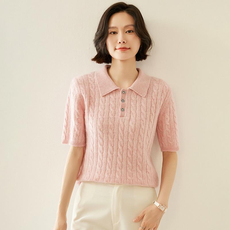 Women's Cable Knit Cashmere Short Sleeve Polo Sweater