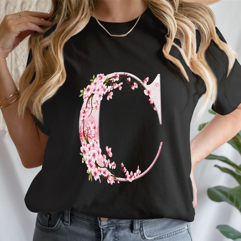 Y2k Cherry Blossom Letter Az Tshirts Unisex Pink Floral Aesthetic Alphabet Tees Short Sleeve Boho Chic Tops Mama Gifts Tshirts