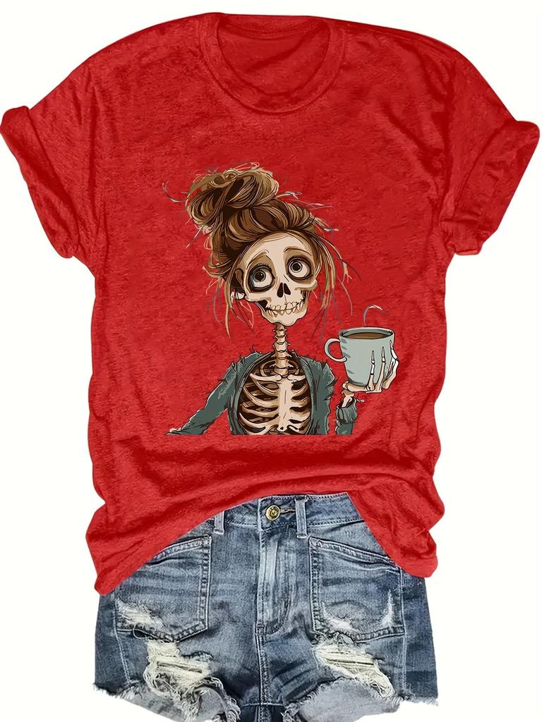 Skull Print Crew Neck T-Shirt Casual Short Sleeve T-Shirt For Spring & Summer Women's Clothing