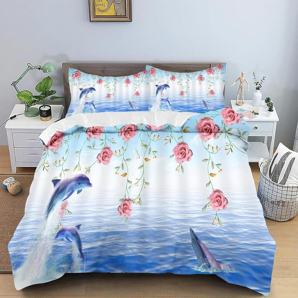 3D Dolphin Duvet Cover Set, Underwater World Duvet Cover and Pillowcase, Dolphin, Tropical Fish, Coral Ocean Bedding Set