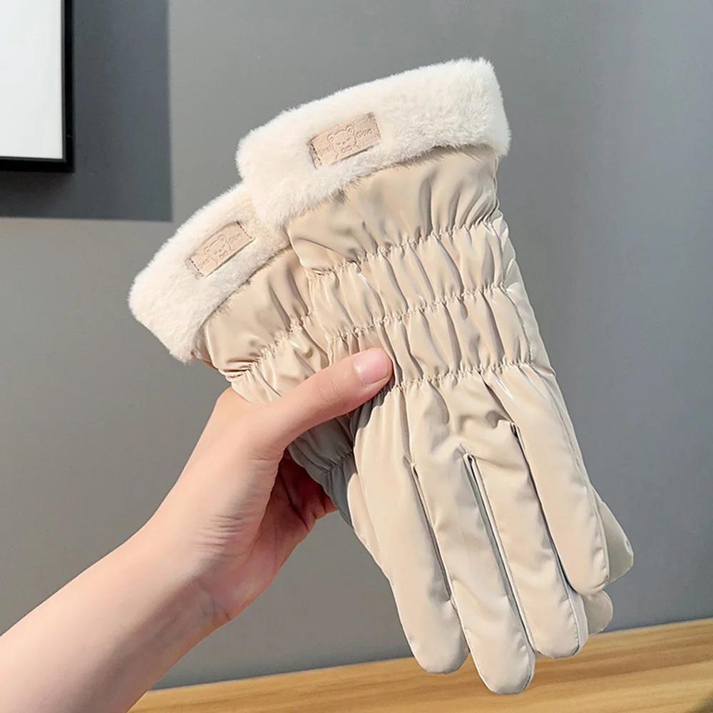 Ski Gloves Women Winter Fleece Thickened Warm Plush Cotton Waterproof Touch-Screen Gloves For Outdoor Riding Mountaineering
