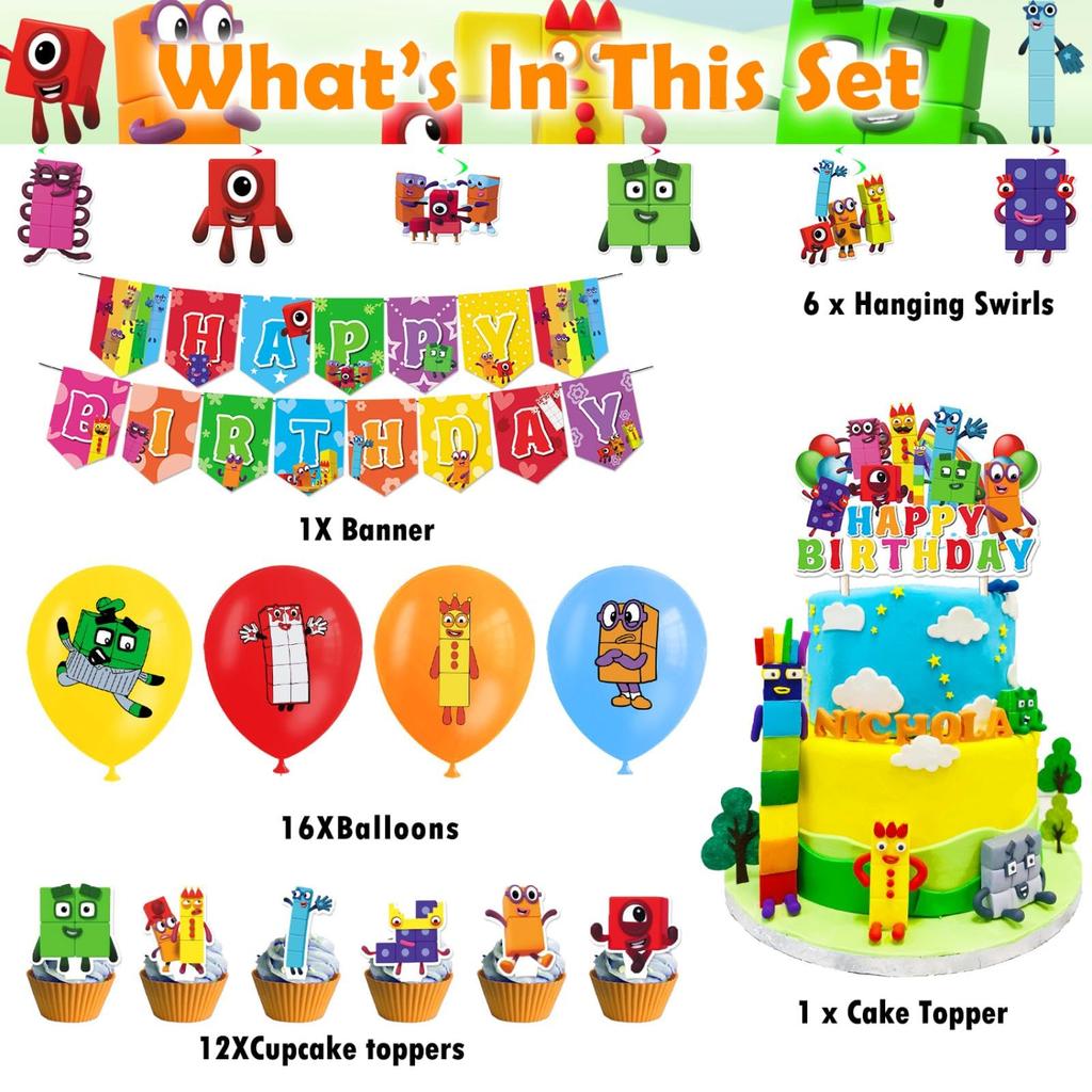 Numberblocks Narozeniny Narozeninová Postava VŠE NEJLEPŠÍ K NAROZENINÁM Dort Narozeninový Dárek Dekorace, Dekorace, Balónky, Banner, Topper, Samolepky, Děti, Chlapci,