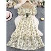 French Style Retro Butterfly Print Square Collar Puff Sleeve Dress Women Summer Lace-up Waist Hugging Slimming Big Hemline Long Dress
