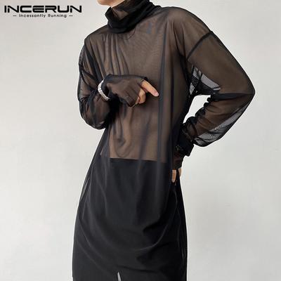 Fashion Men High Neck Long Sleeve Mesh Sheer Shirts Slim Fit Party Club Long Undershirts Tops