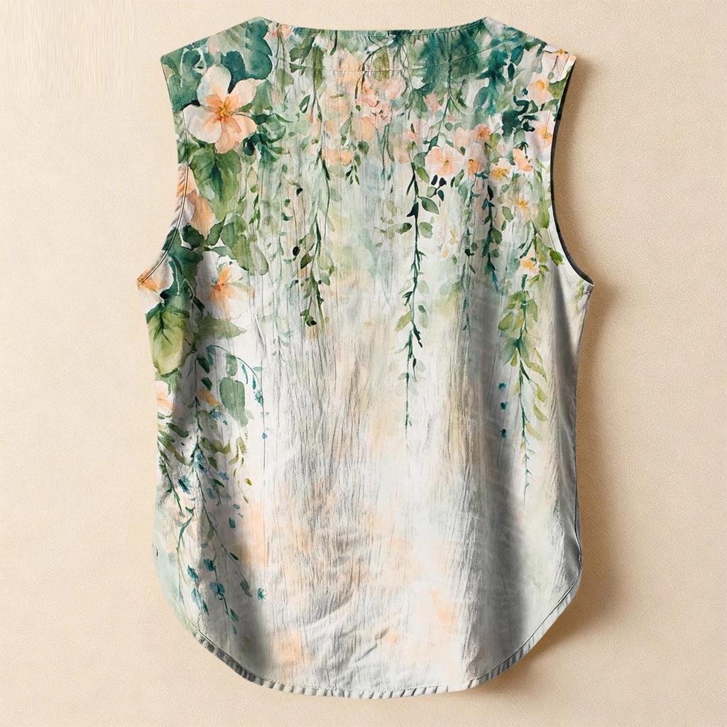 Women's Casual, Loose-Fitting, Printed, Sleeveless Linen Blouse