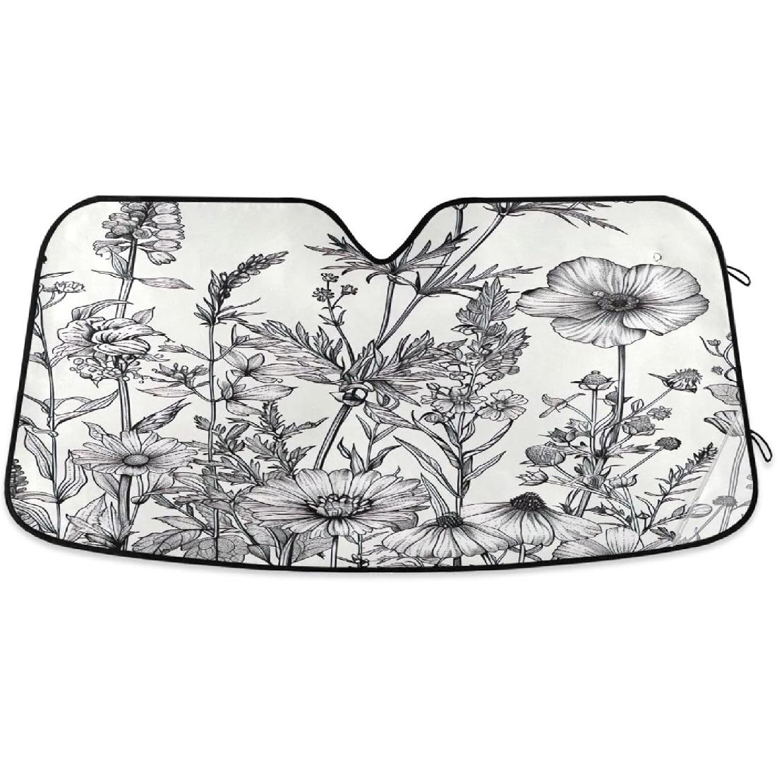 

Black and White Flowers Windshield Sun Shade - Foldable Car Front Window Sunshades for Most Sedans SUV Truck - Blocks UV Rays and Keeps Your Vehicle S