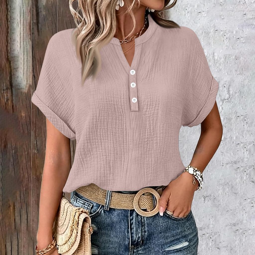 Womens Summer Tops Casual Button V Neck Short Sleeve Shirts Loose Pullover Tops Oversized Lightweight Blouses