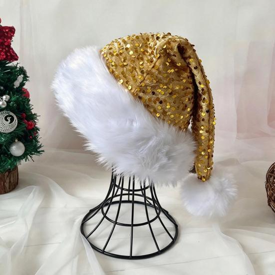 Christmas Decoration for Holiday Events Sparkly Santa Hat Women Men, Glitter Sequin with White Fluffy Trim Gift Friends Family And Pom Pom,