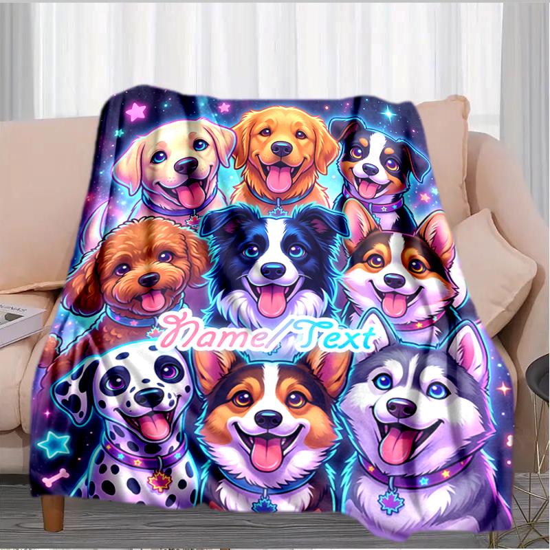 1PC Custom Name Dogs Space Adventure flannel blanket versatile,all-season throw suitable for the living room,bedroom,camping,travel,and gift