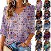 Women's V-Neck Casual Halloween Print Three-Quarter Sleeve Top for Fall Parties