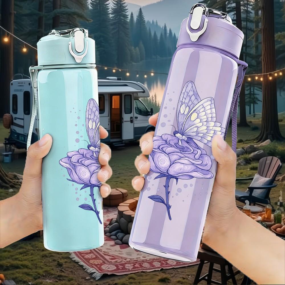 1PC Purple Butterfly Floral Line Art 750ml Color Plastic Sports Water Bottle Leakproof Flip Straw Lid Suitable for Sports Office Home Use