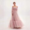   new long women's clothing one-word shoulder mesh long-sleeved wedding dress tulle dress